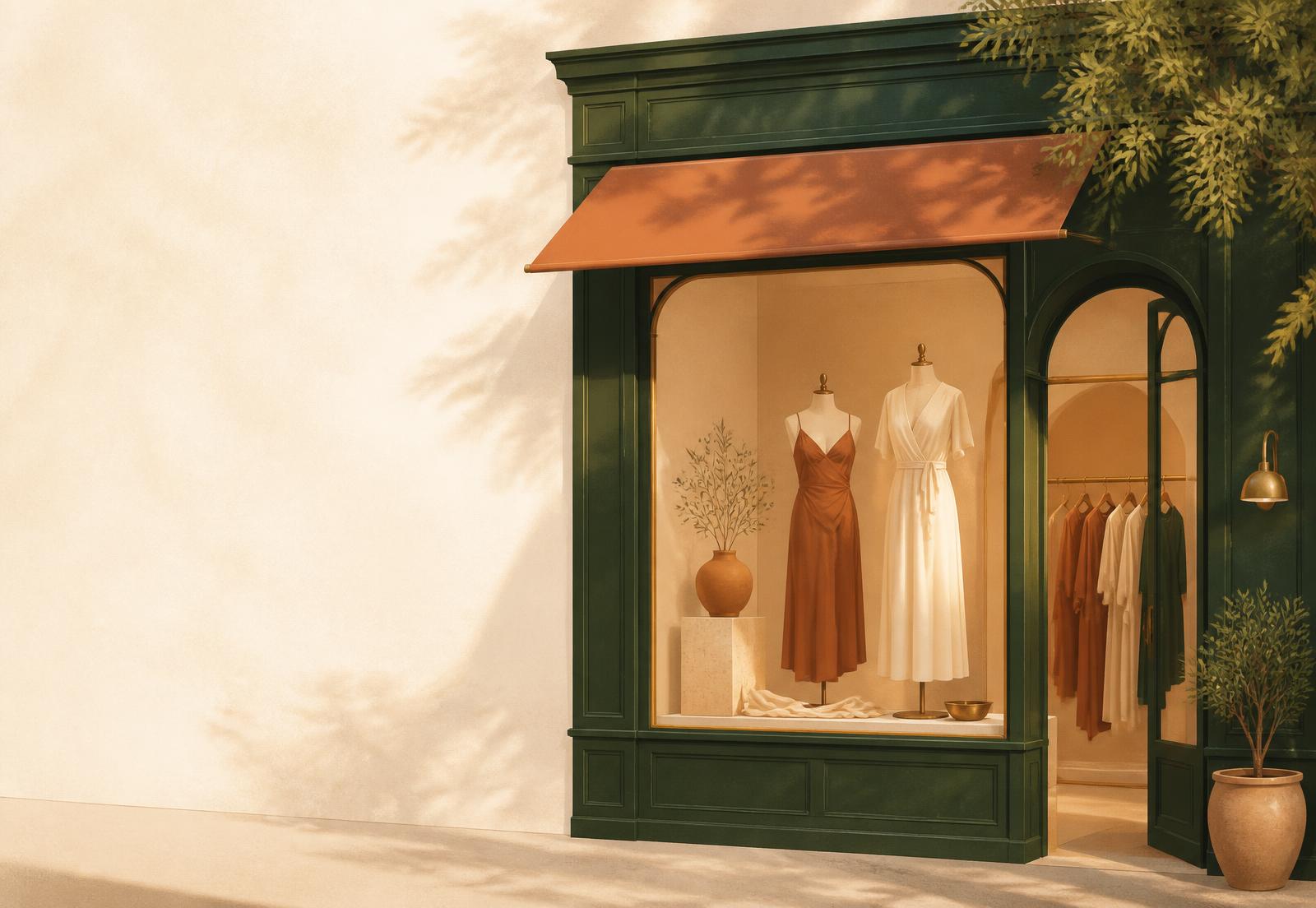 Branded illustration of a women's fashion boutique storefront in warm evergreen and terracotta tones