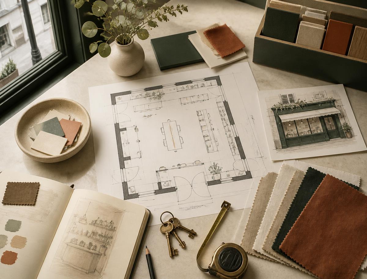 Editorial illustration of a boutique floor plan, shop sketch, keys and fabric samples